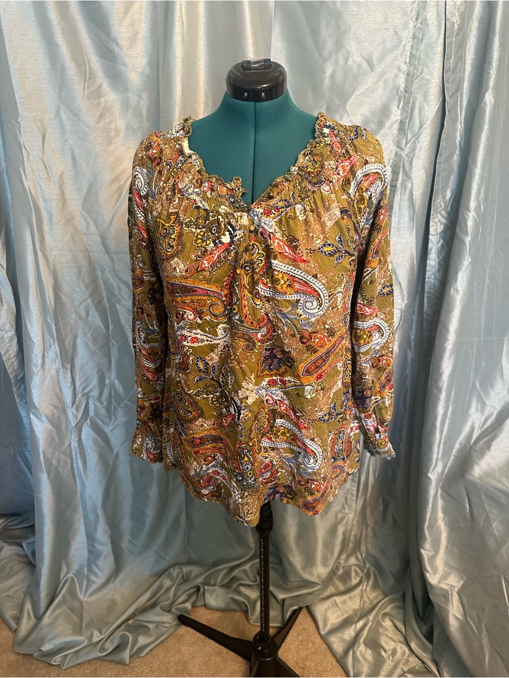 Fat Face Paisley Ruffle V-Neck Long Sleeve Top - Olive